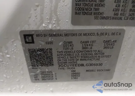 2020 Chevrolet Silverado 1500 4Wd Short Bed Rst из США, поврежденный, VIN 3GCUYEED8LG305930